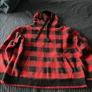 American Eagle Outfitters Red and Black Checkered Hooded Sweater